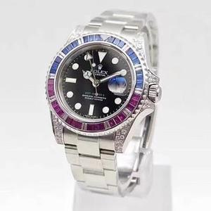 New product from BP factory, diamond-studded Rolex, gemstone rainbow circle GMT Greenwich series, size 40mm unisex watch