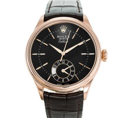 One to one replica Rolex Cellini 50525 black plate rose gold, dual time zone chronograph at 6 o'clock - إضغط الصورة للإغلاق