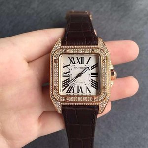 V6 Factory Cartier Santos Rose Guld fuld diamant medium damer mekanisk ur