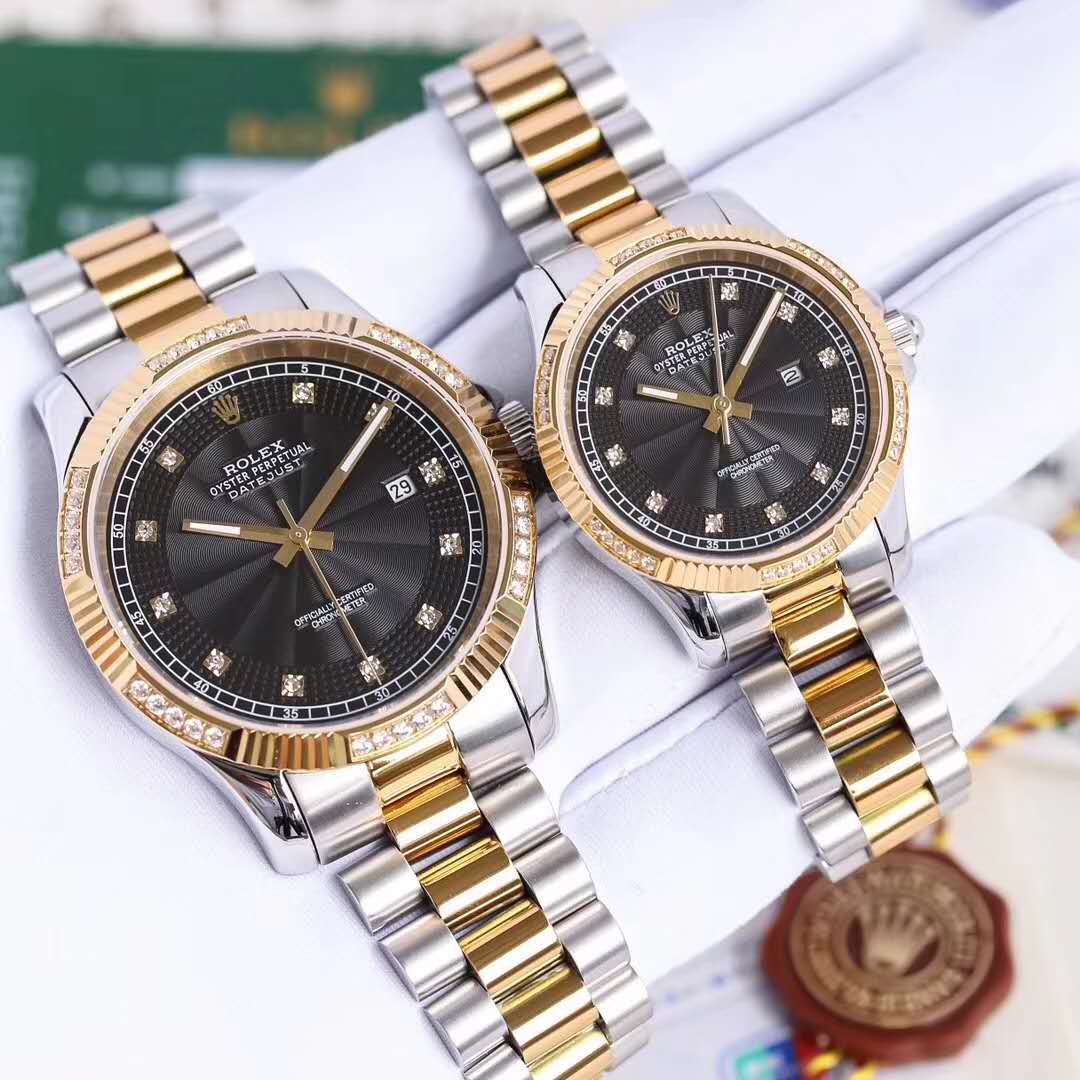 Ny Rolex Oyster Perpetual Series Couple Black-faced Pair ure, Rolex Gold Diamond mænd og kvinders mekaniske ure (Unit Price) - Klik på billedet for at lukke