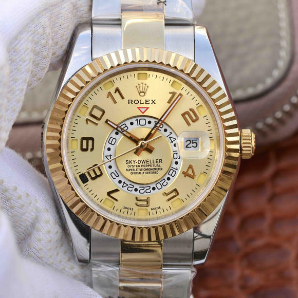 Re-indgraveret Rolex Oyster Perpetual SKY-DWELLER Series Mænds Mekanisk Watch i 18k Gold - Klik på billedet for at lukke
