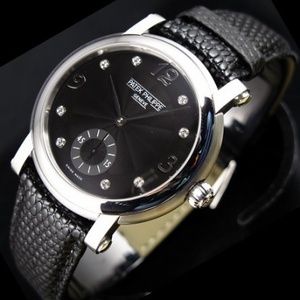 Schweizer Uhr Patek Philippe schwarzes Lederarmband retro unabhängige kleine zweite Stahlfall zwei Hände halb schwarze Ziffern Diamant römische Skala