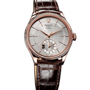 Rolex Cellini 50525 weiße Platte, Dual-Zeitzonen-Timing bei 6 Uhr. Stil: automatisches mechanisches Uhrwerk, Herrenuhr, Material: 18k Roségoldbeutel.
