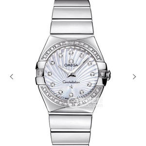 V6 Omega Constellation Series Reloj de cuarzo para damas 27mm Uno a uno grabado diamantes de cara blanca genuina