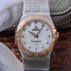 V6 Omega Constellation Series Reloj de cuarzo para damas 27mm Uno a uno grabado genuino 18k rosa oro romano números