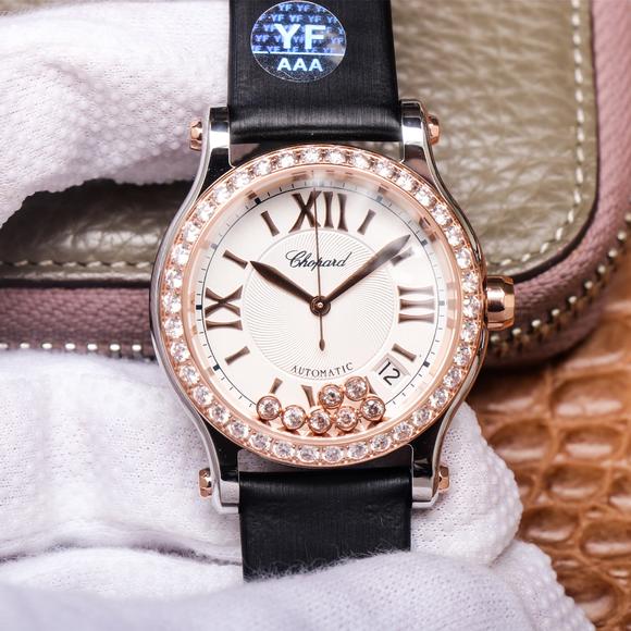 YF Chopard Feliz Diamante 278559-3003 reloj, reloj mecánico de señoras de oro rosa con diamantes, correa de seda - Haga un click en la imagen para cerrar