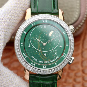 Patek Philippe päivitti tähtitaivas 5102 vihreää pintaa, helmihousut nahkahihnaa, automaattista mekaanista miesten kelloa.