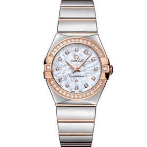 V6 Omega Constellation Series Ladies Quartz Watch 27mm One to One Engraved Genuine Shell Face Rose Gold Diamonds