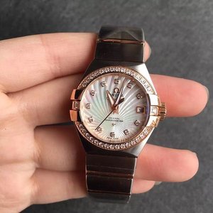 V6 Nouvelle Omega Constellation Rose Gold Diamond Ring Radial Pattern Nacre-of-pearl Face Ladies Mechanical Watch