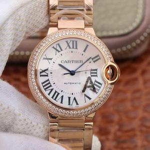 V6 factory Cartier blue balloon series rose gold with diamonds 33mm ladies mother-of-pearl steel belt mechanical female watch v4 upgraded version