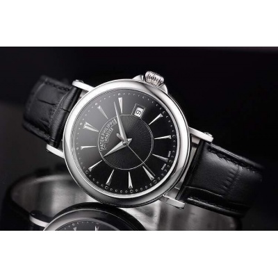 Swiss movement high imitation Swiss Patek Philippe automatic mechanical men's watch leather strap black surface - Click Image to Close