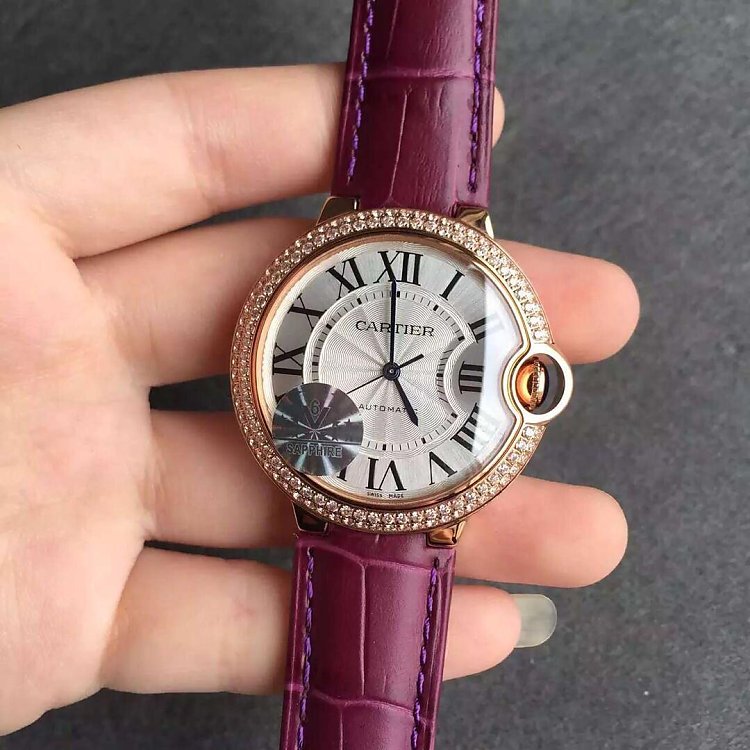 Re-engraved Cartier Blue Balloon Medium Rose Gold Mechanical Watch with Diamond Ring v6 - Click Image to Close