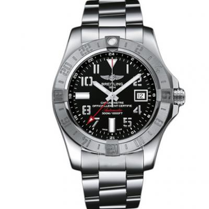 Gravura um para um Breitling Avengers Series A3239011 Relógio mecânico masculino com cinto de aço GMT de quatro mãos.
